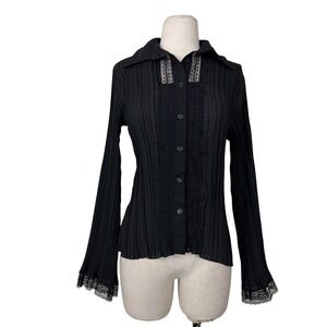 RAG Pleated Accordion Lace Sheer Blouse Sz M Black Button Front Fairy Victorian
